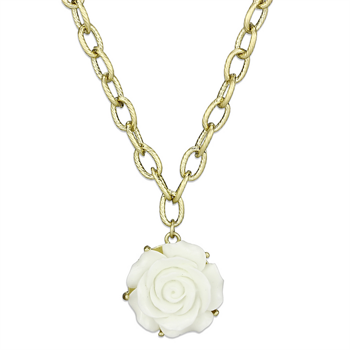 Gold & Brush Brass Necklace with Synthetic Synthetic Stone in White
