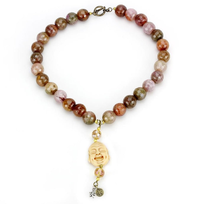 Antique Copper Brass Necklace with Semi-Precious Agate in Multi Color